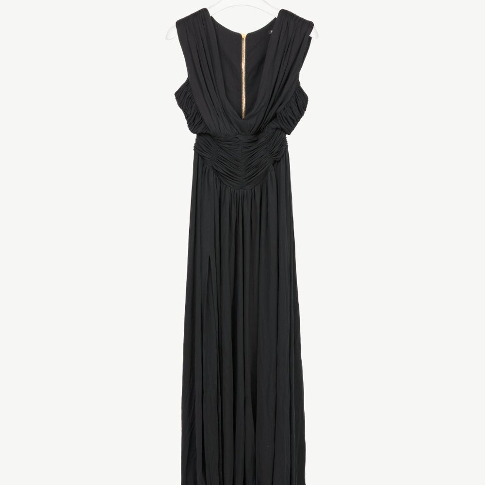 Balmain Resort 2016 Black Viscose Ruched Stretch Jersey Sleeveless Gown